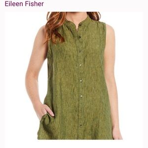 Eileen Fisher linen set with sleeveless, mandarin collar top and breezy pants
